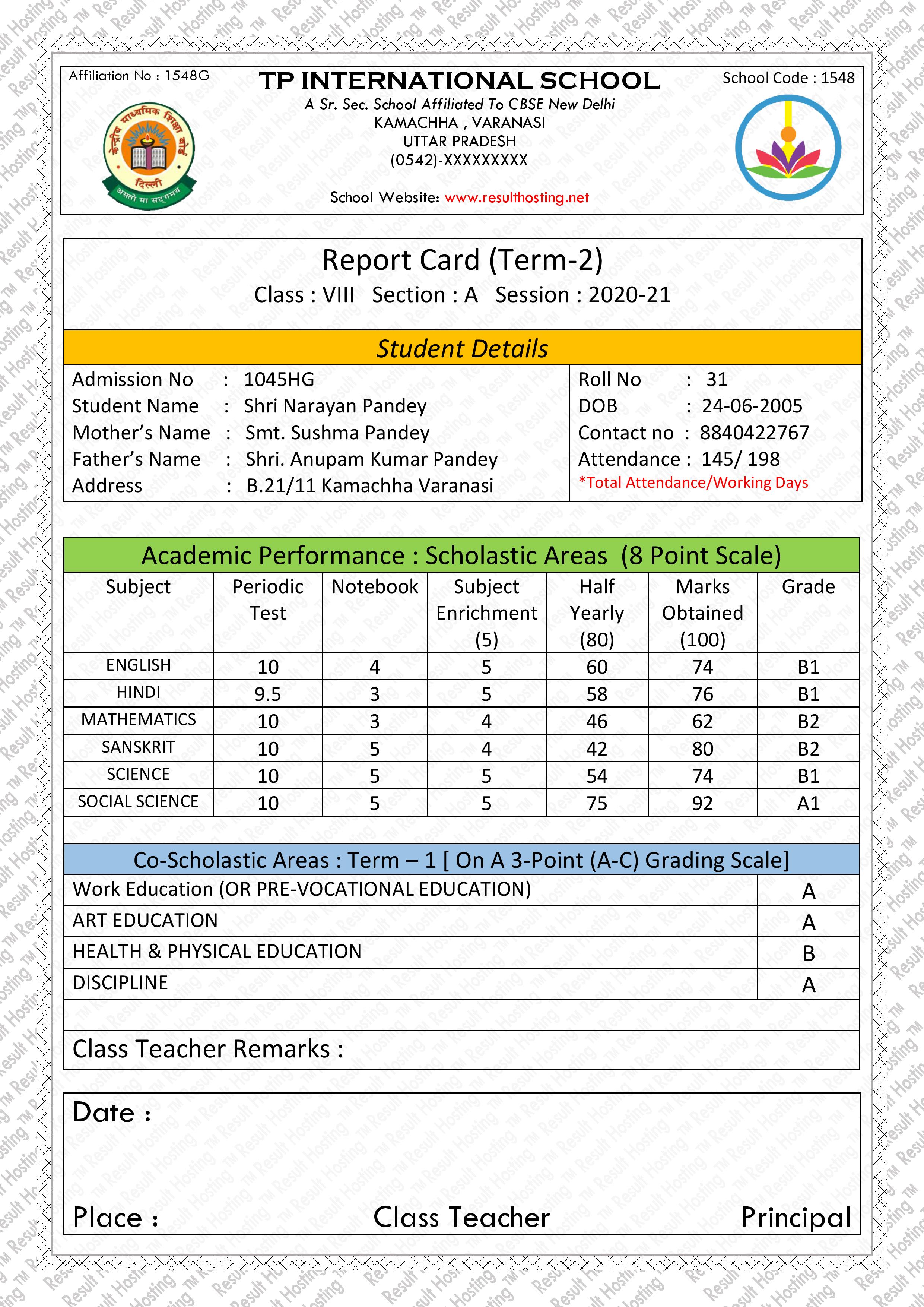 result for school exam or assignment