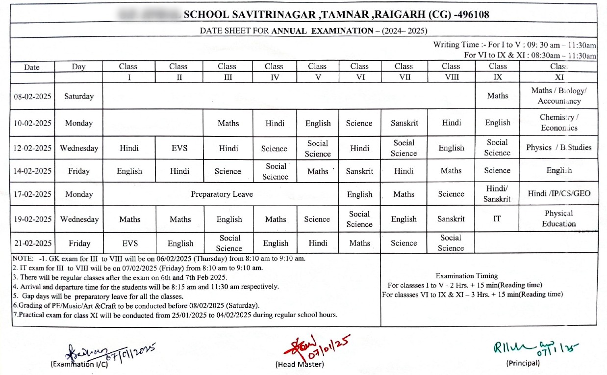 Exam Datesheet Sample 3
