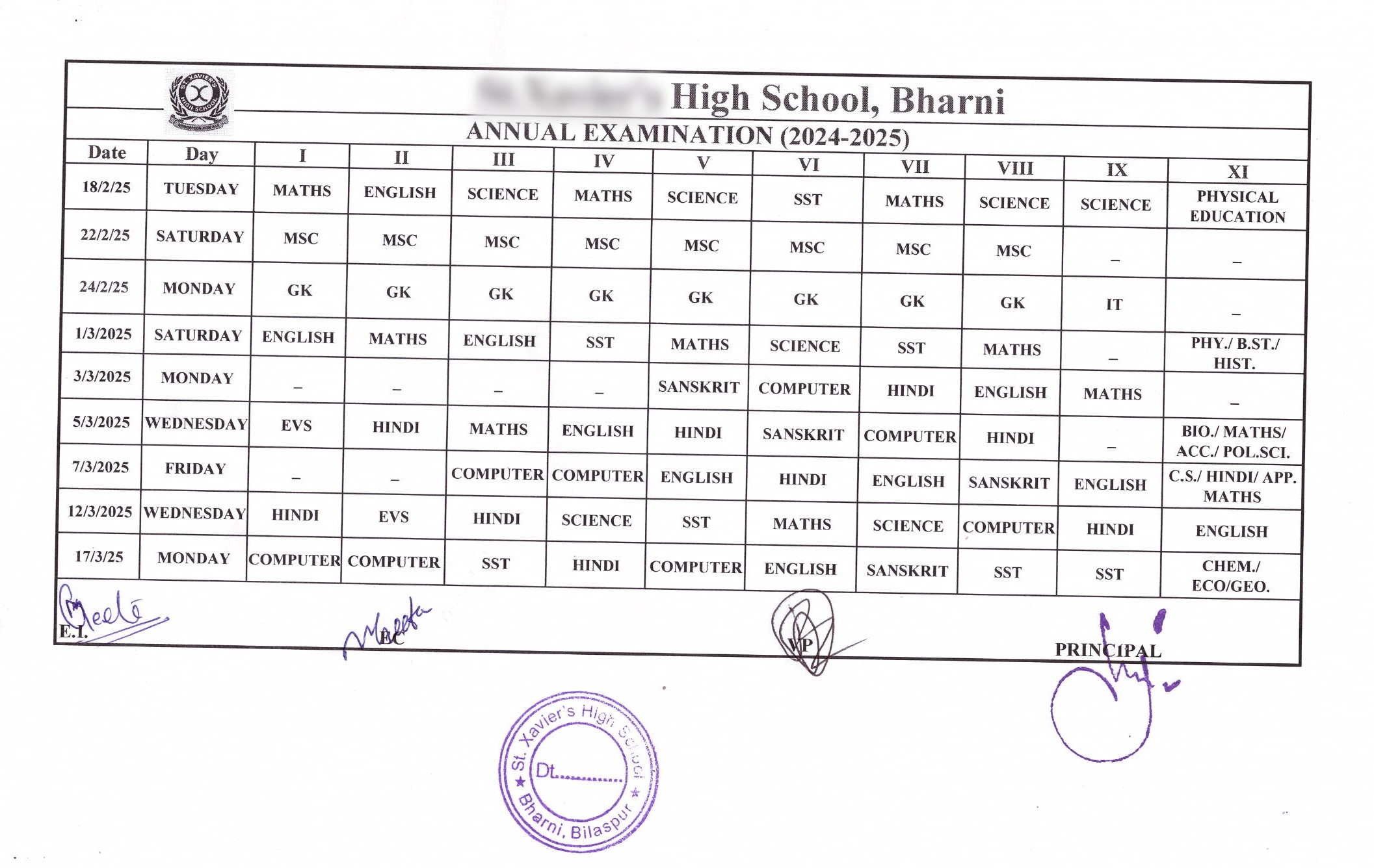 Exam Datesheet Sample 4