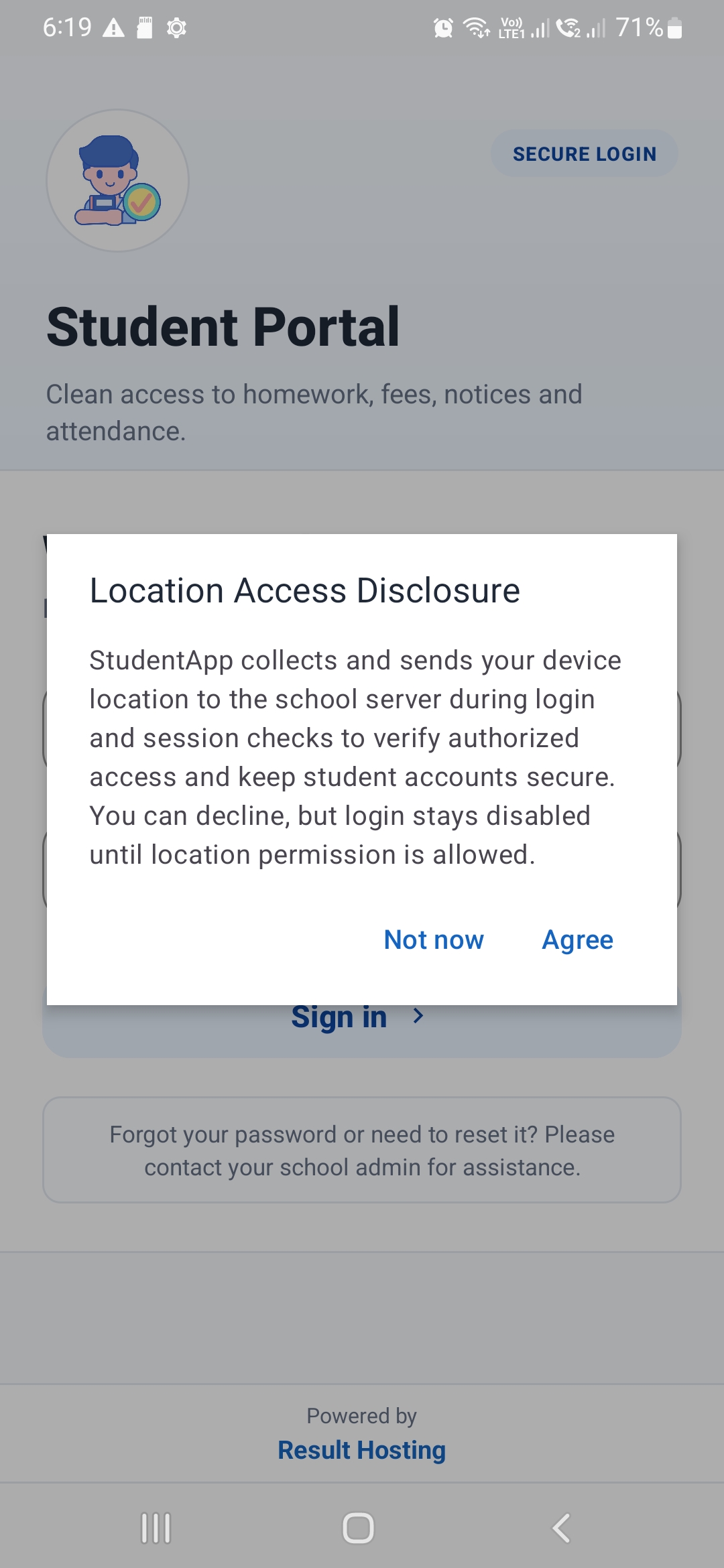 Student app secure login screen