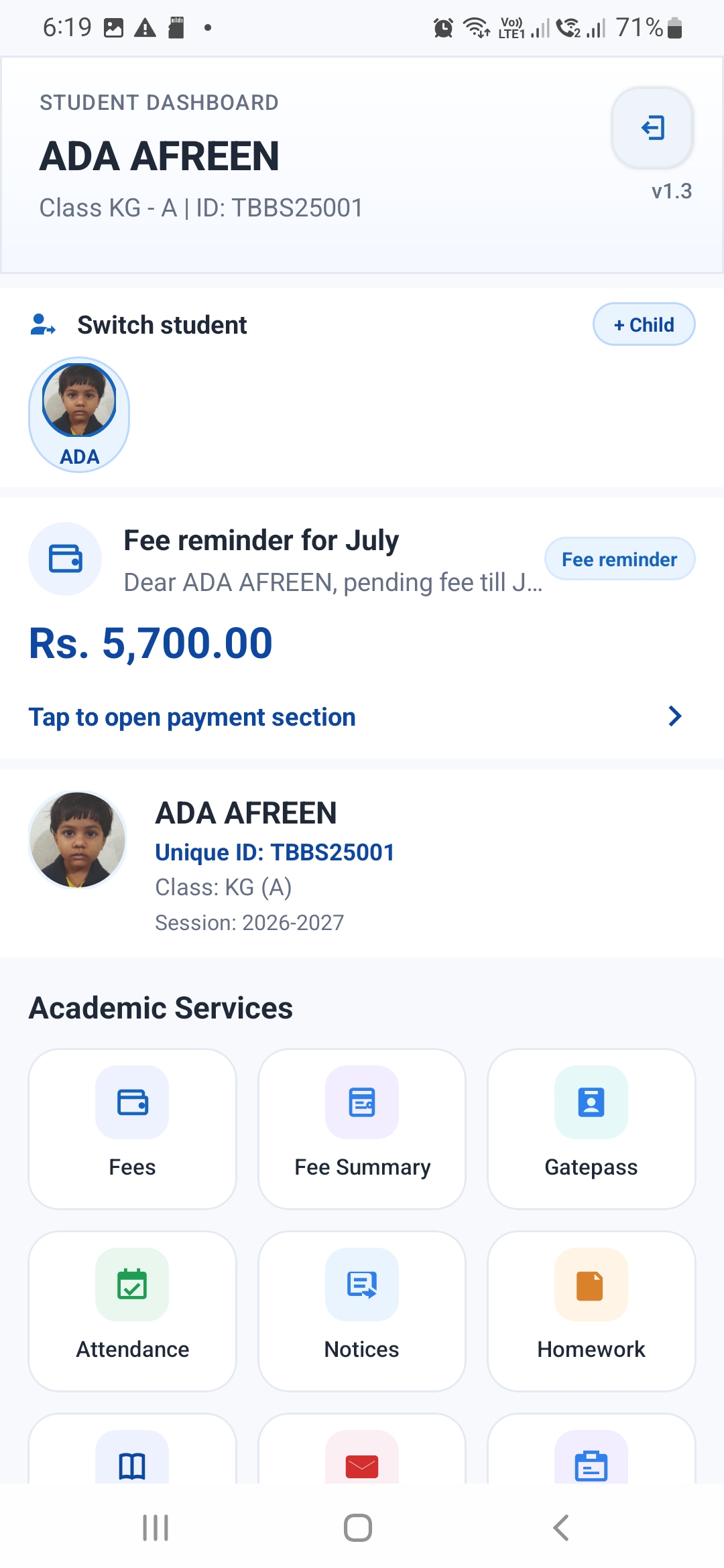 Student app dashboard screen