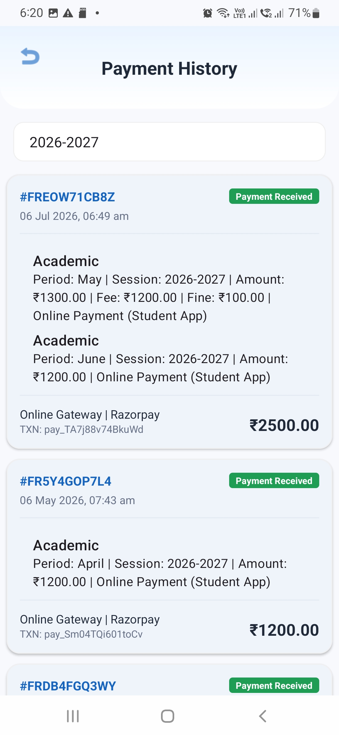 Student app payment history screen