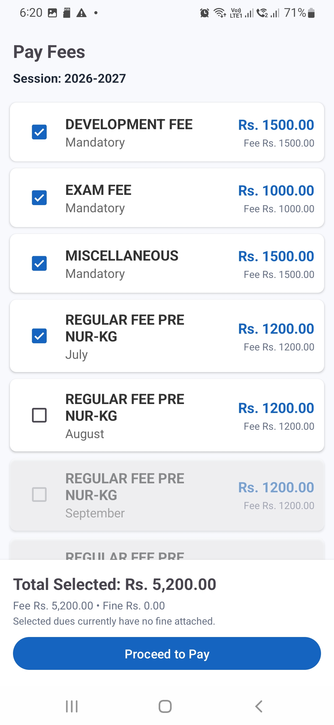 Student app pay fees screen