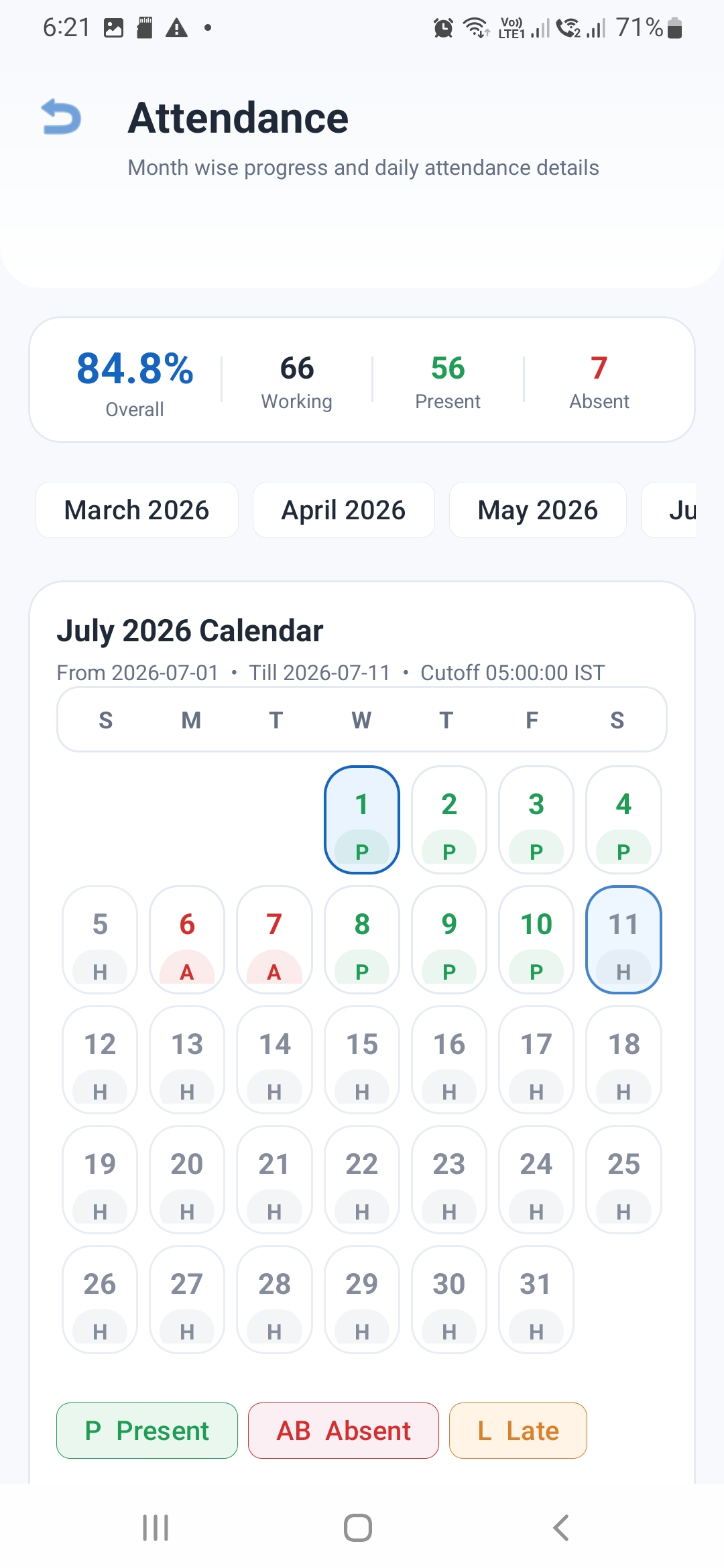 Student app attendance screen