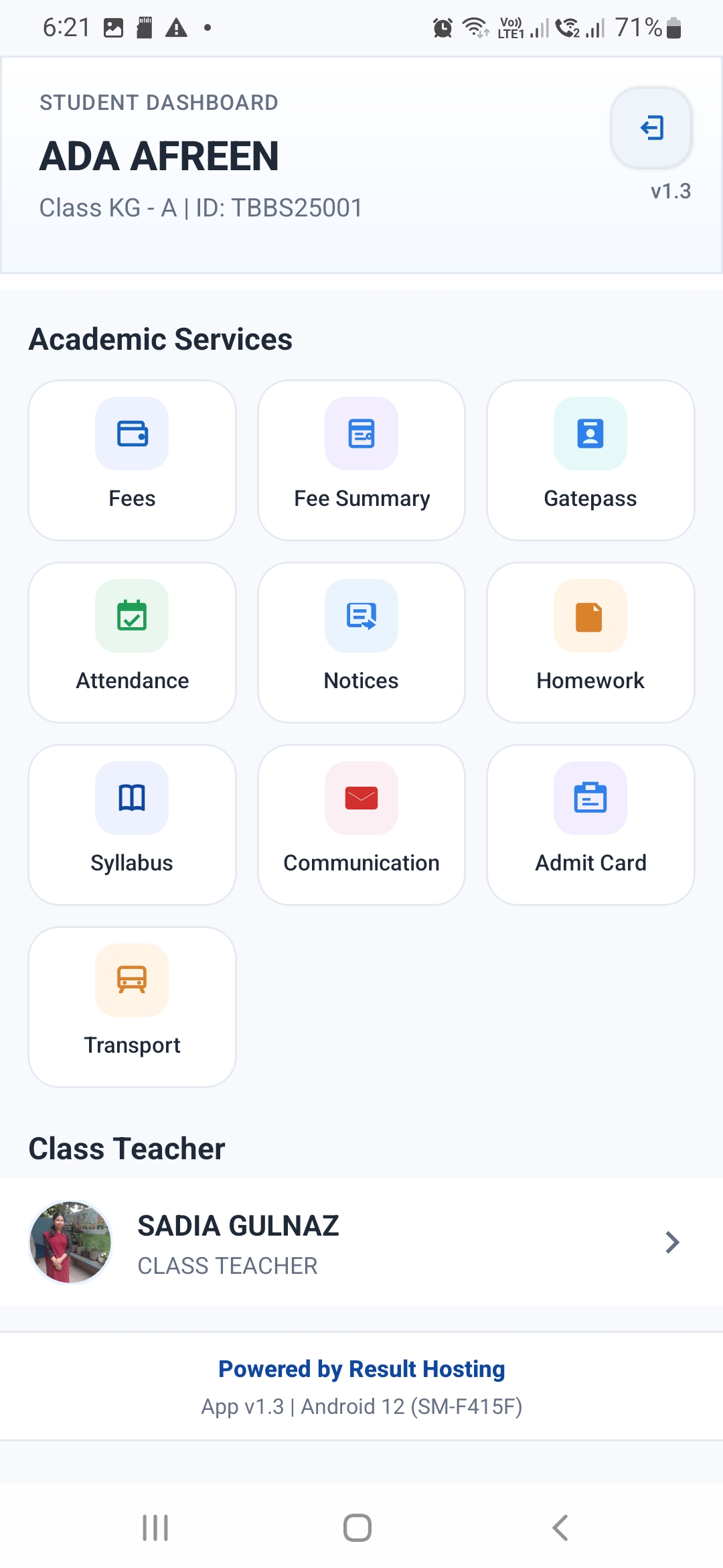 Student app services dashboard screen