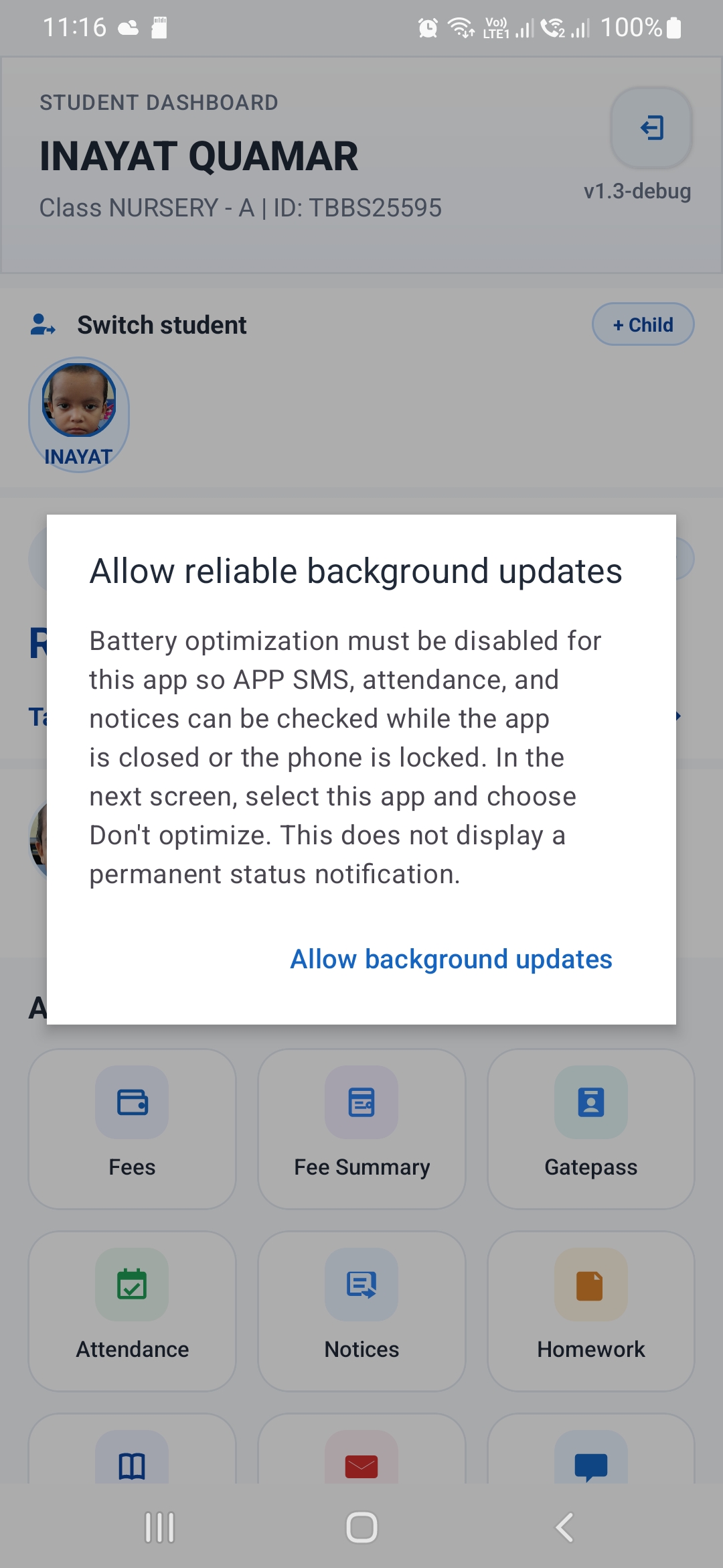 Student app background updates permission screen