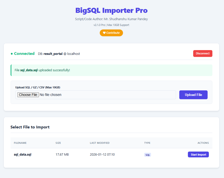 BigSQL Importer Pro Dashboard Interface